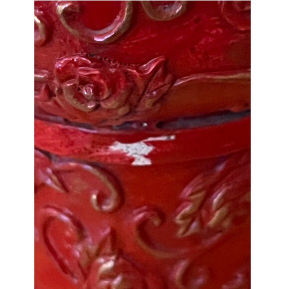 RARE! Vtg Ornate Red Plaster Shoe Planter Frilly Black Bow, Roses & Gold Accents - Picture 13 of 15